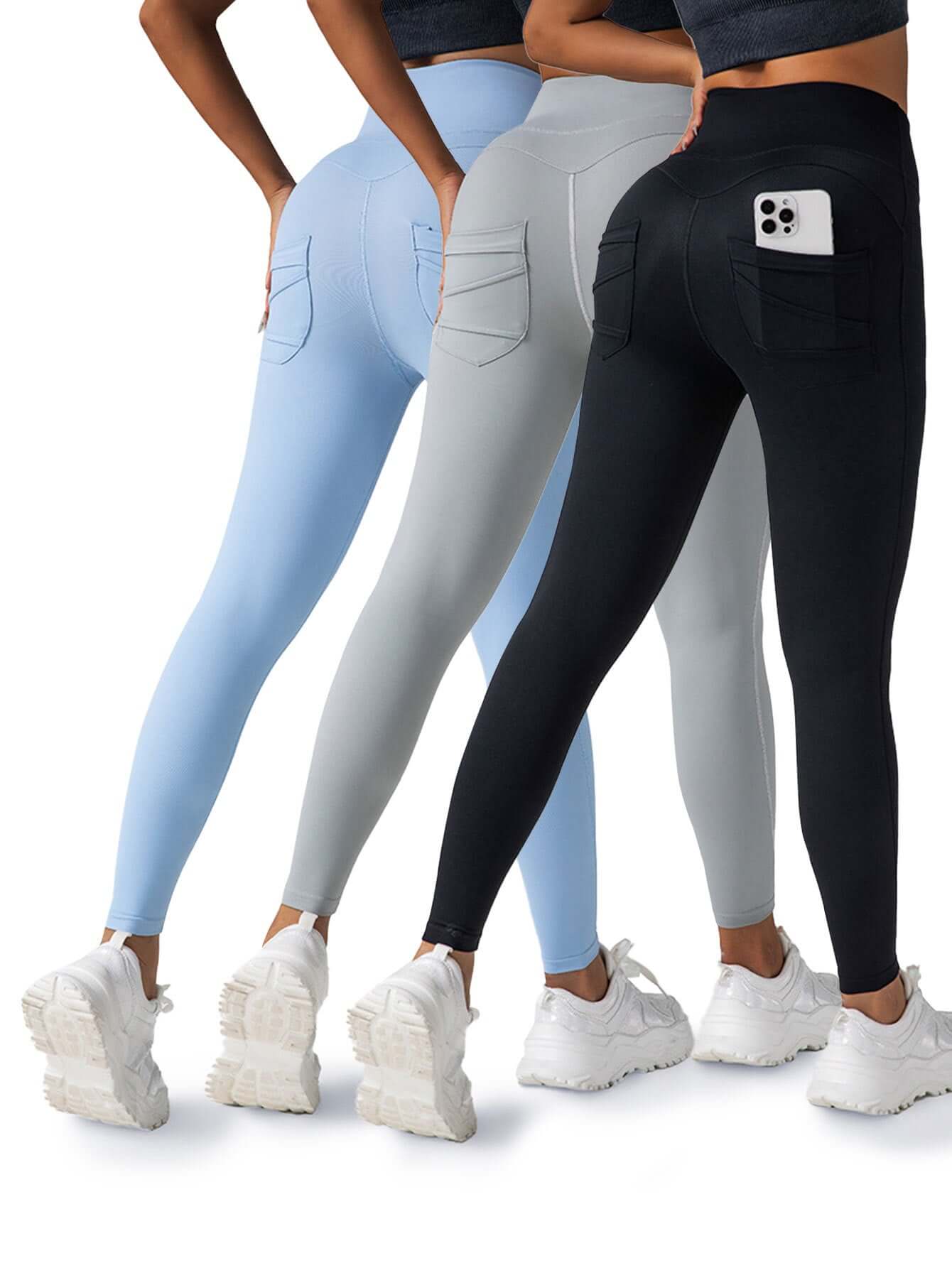 3 pack women's yoga leggings in blue, gray, and black with pockets, showcasing 4-way stretch and high waist design.