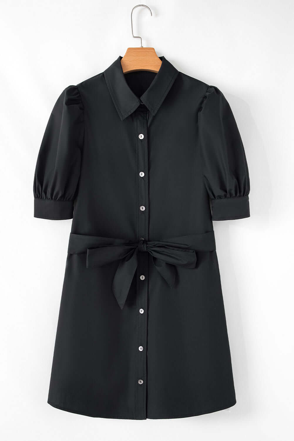 Black button-up tie waist mini dress with puff sleeves, perfect for casual outings or night events.