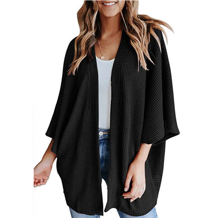 Black Bat Sleeve Waffle Gerson Women's Cardigan with V-neck and medium length.