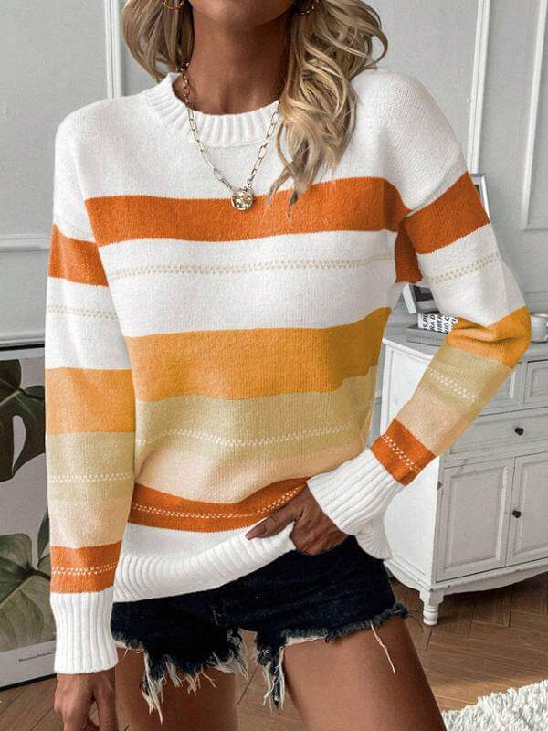 Casual contrast color striped knitted long sleeve sweater in orange and cream hues.