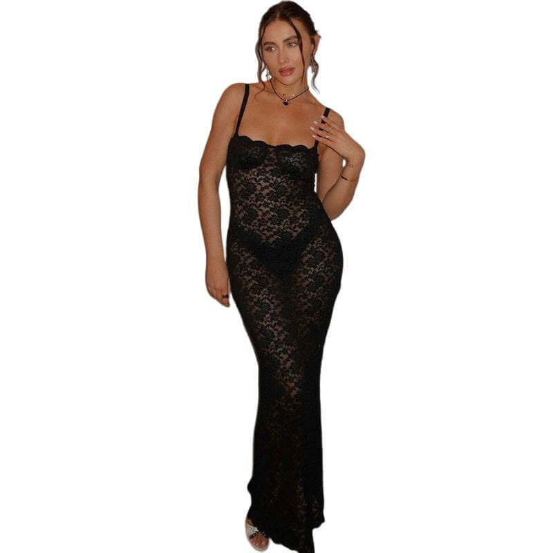 Black see-through lace slim fit off-neck dress with sleeveless design.