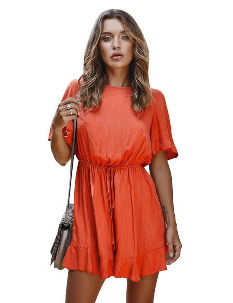 Spring women jumpsuit beach dress in orange, cotton, high-waist, mid-length.