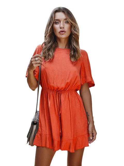 Spring women jumpsuit beach dress in orange, cotton, high-waist, mid-length.