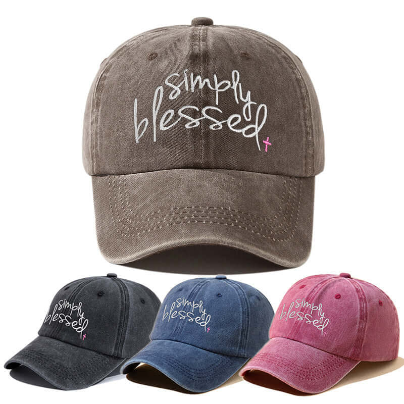 Simply Blessed Wide Brim Sunshade Washed Embroidered English Letter Baseball Cap in various colors.