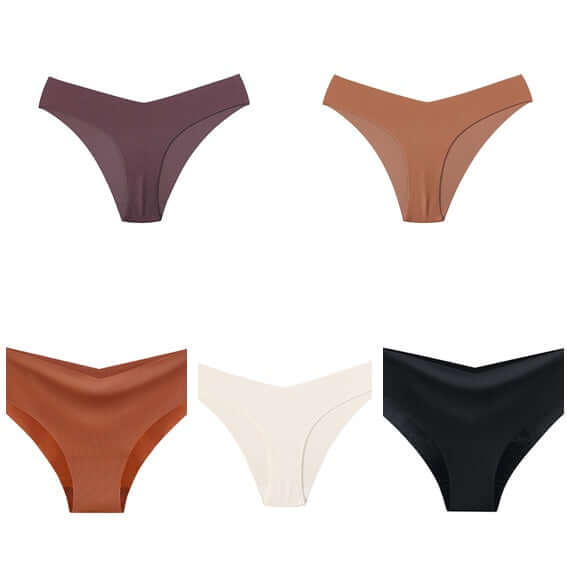 Women's V-shaped waistband seamless ice silk panties in assorted colors.