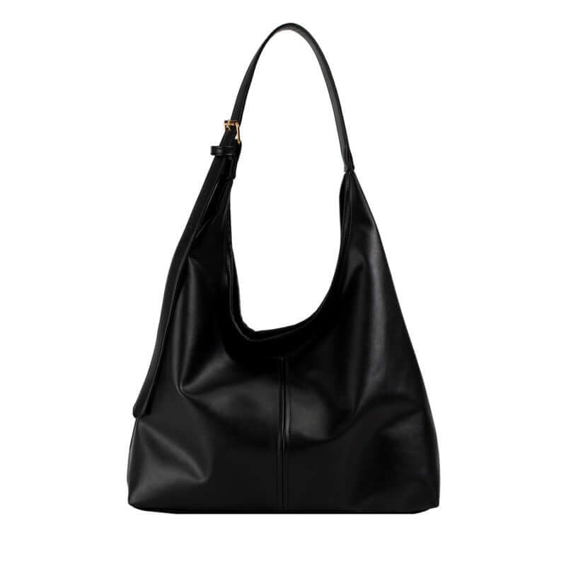 Large capacity commuter tote for women in black synthetic leather with single shoulder strap.