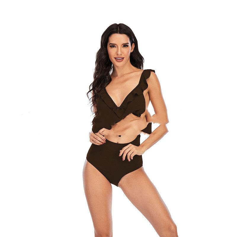 Solid color triangle bikini split sexy ladies swimwear in black.