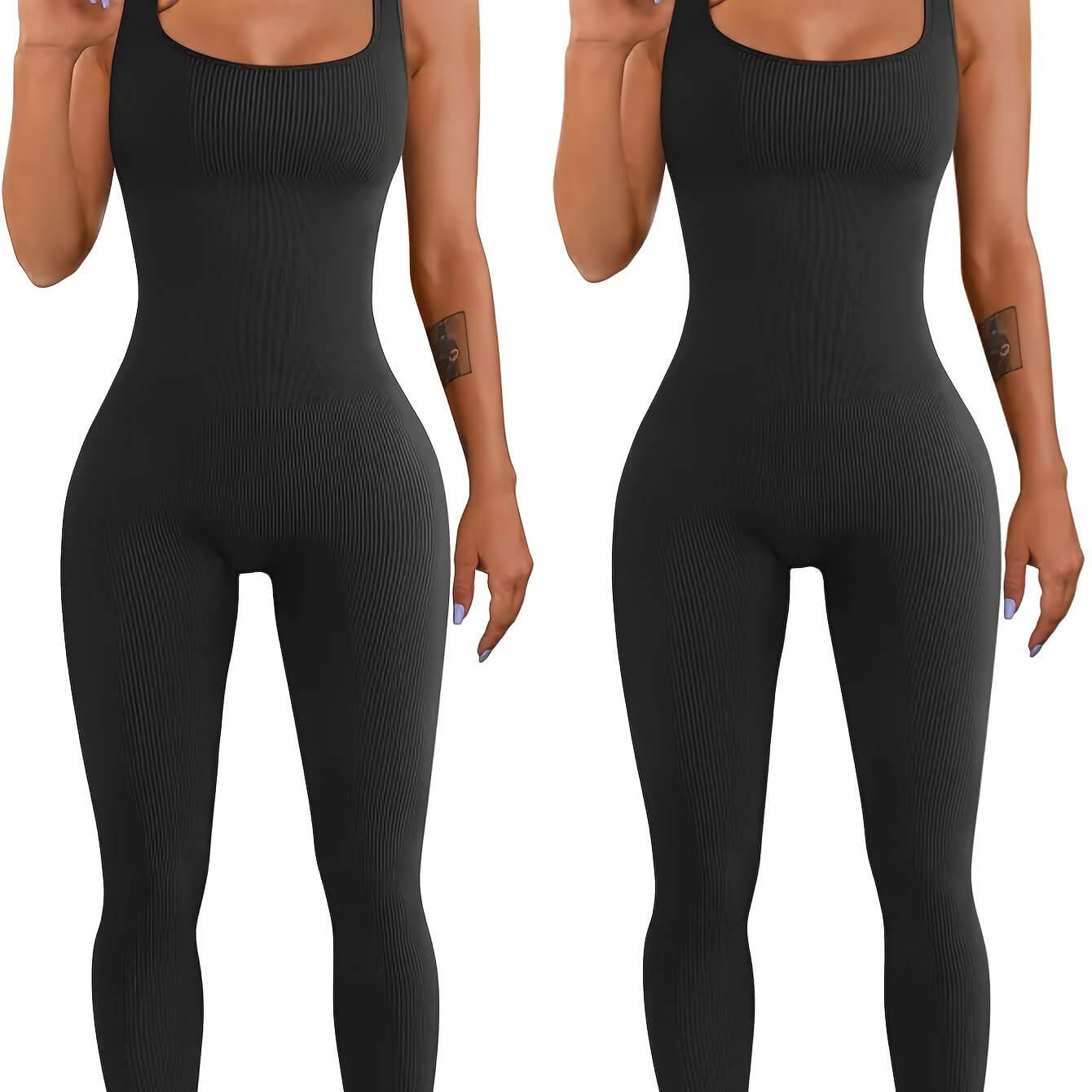 Women's black suspender tank top tights made of spandex with long sleeves and button details.