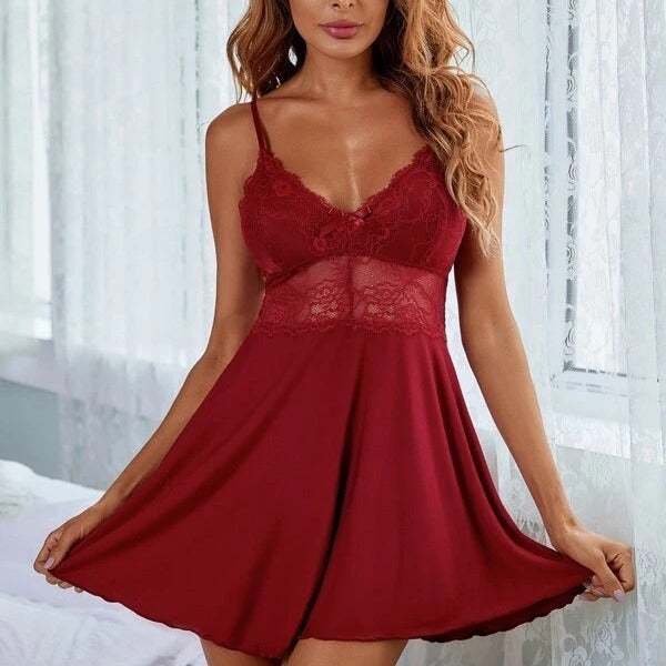 Sexy sling lace dress in wine red with see-through details, available in sizes S to XXXL.