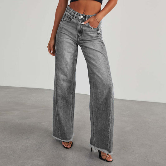 Loose casual gray denim straight-leg wide leg mop pants for women.