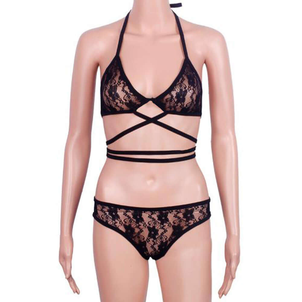 Ladies lace bra underwear set with hanging neck style and lace-up shoulder straps.