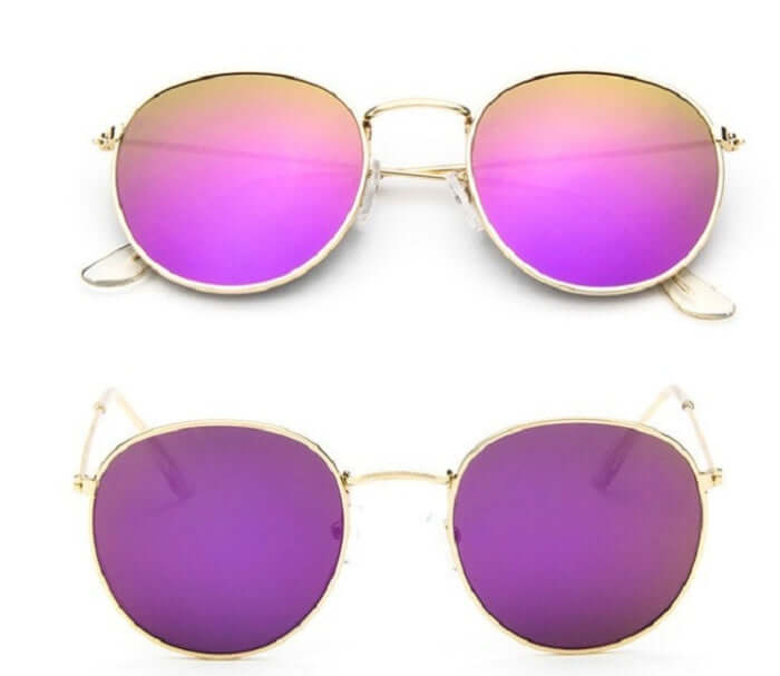 Women Retro Sunglasses with round metal frames and purple lenses.