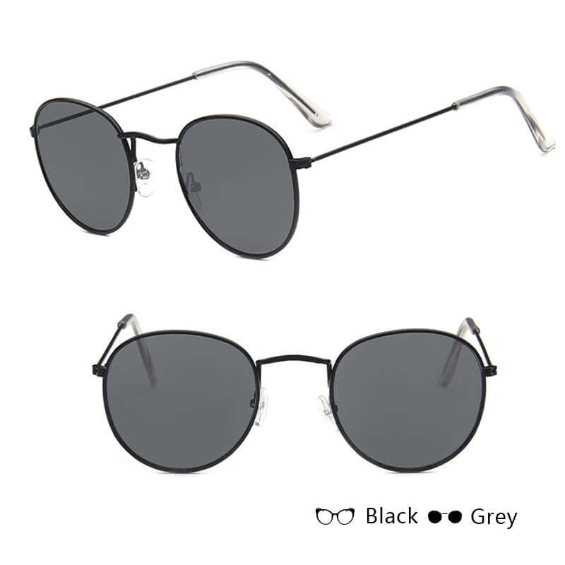 Round frame women retro sunglasses with metal frame in gold and silver, featuring grey and tawny lenses.