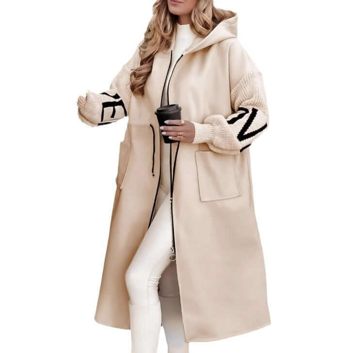 Hooded Windbreaker Long Jacket With Pockets And Drawstring Design Solid Color Knit-Sleeved Trench Coat For Women Clothing Fall Winter