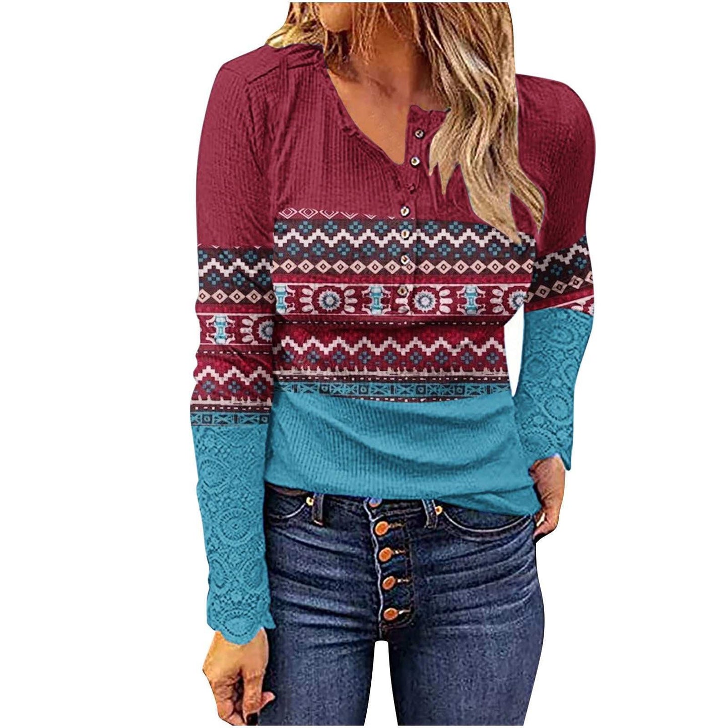 Western European and American style knitwear with geometric patterns, V-neck, long sleeves, and button details in purple red and lake blue.