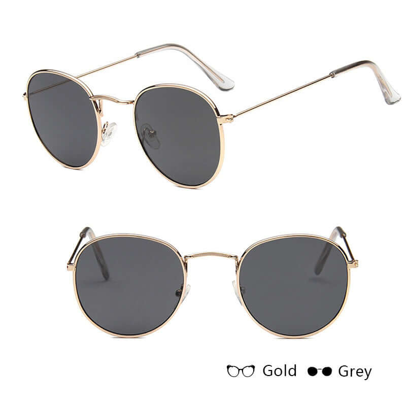 Round frame women retro sunglasses, metal frame, available in gold and silver with grey and tawny lenses.