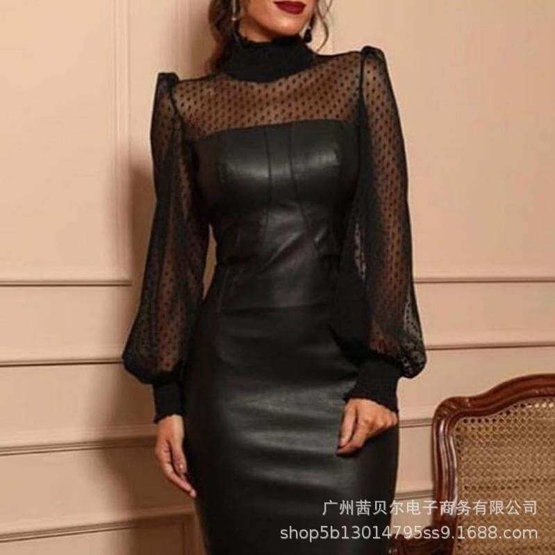 Black Mesh Stitching Tight Leather Skirt