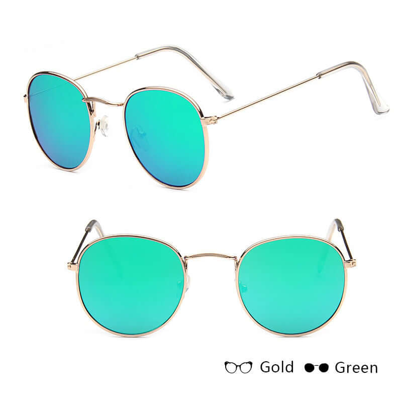 Round-frame women retro sunglasses with metal gold frame and green lenses.