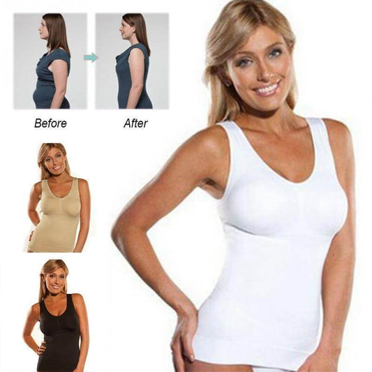 Tank top and cami shaper in khaki, black, and white colors for body sculpting, available in sizes S to XXXL.