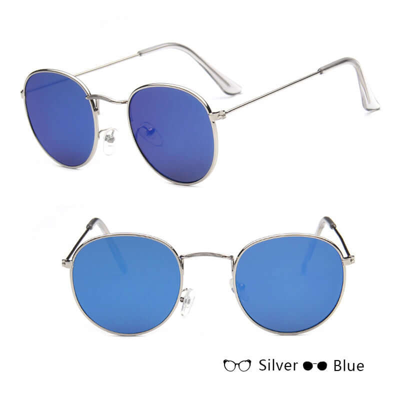 Round frame women retro sunglasses in silver with blue lenses.