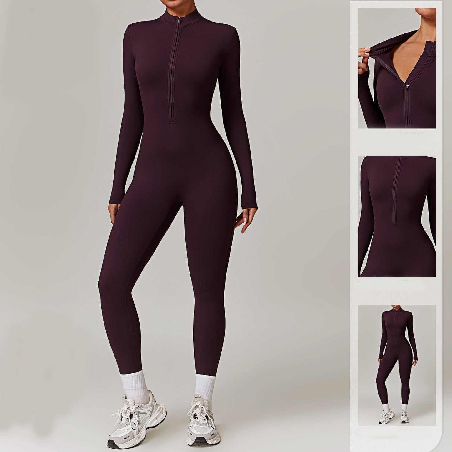 Women's warm zipper long-sleeved jumpsuit for yoga and fitness in grape purple, featuring breathable polyester-spandex fabric, stylish design, and available in multiple sizes.