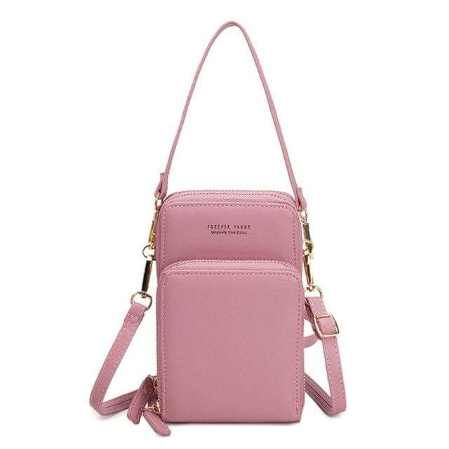 Pink mini crossbody shoulder bag with touchable cell phone pocket, PU leather, zipper closure, and card slots.