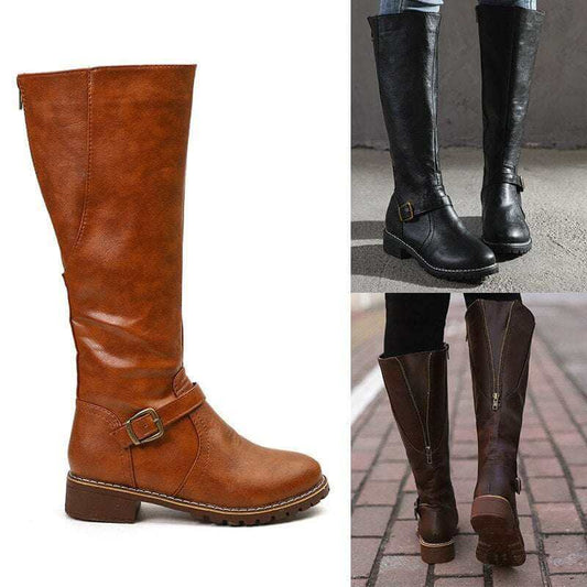 Women's high boots in Roman style with low thick heel, round toe, and leather stitching, made from artificial PU, suitable for all seasons.