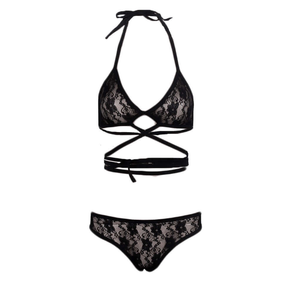 Ladies lace bra underwear set with cotton fabric, 3/4 cup, ultra-thin mold cup, and lace-up shoulder strap.