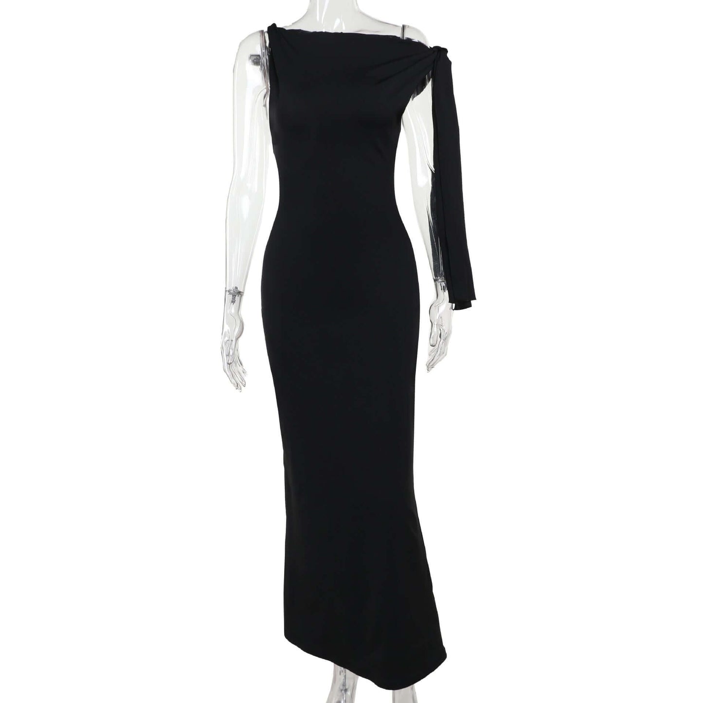 Elegant black sexy sheath dress for women with off-shoulder design.