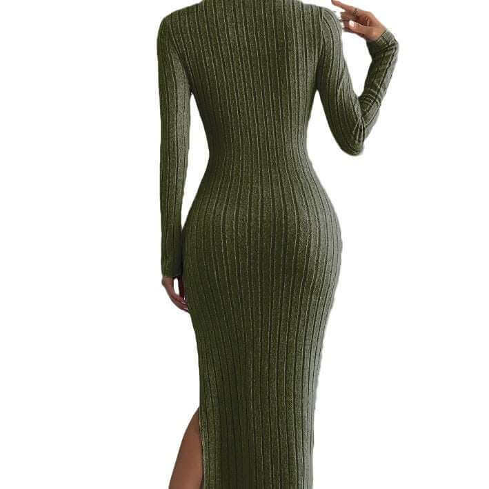 Elegant long knitted dress in army green, full length, polyester, available in sizes S to 5XL.