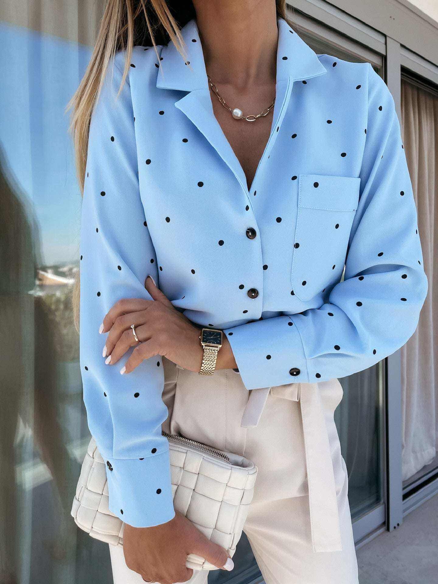 Slim fit Button Polka Dot Long Sleeve Blouse