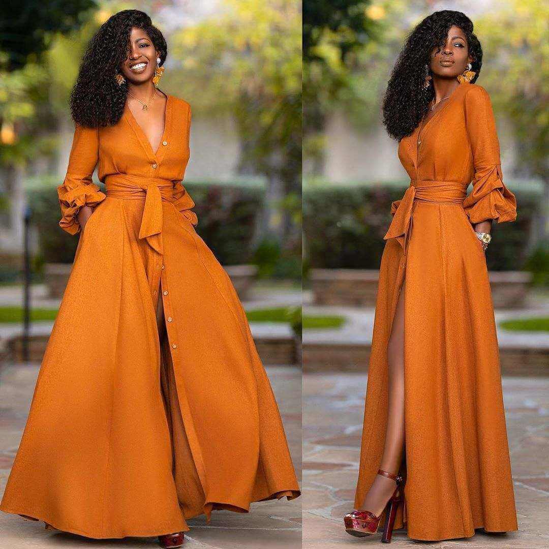 Orange summer sexy V-neck puff sleeve dress with button sashes.