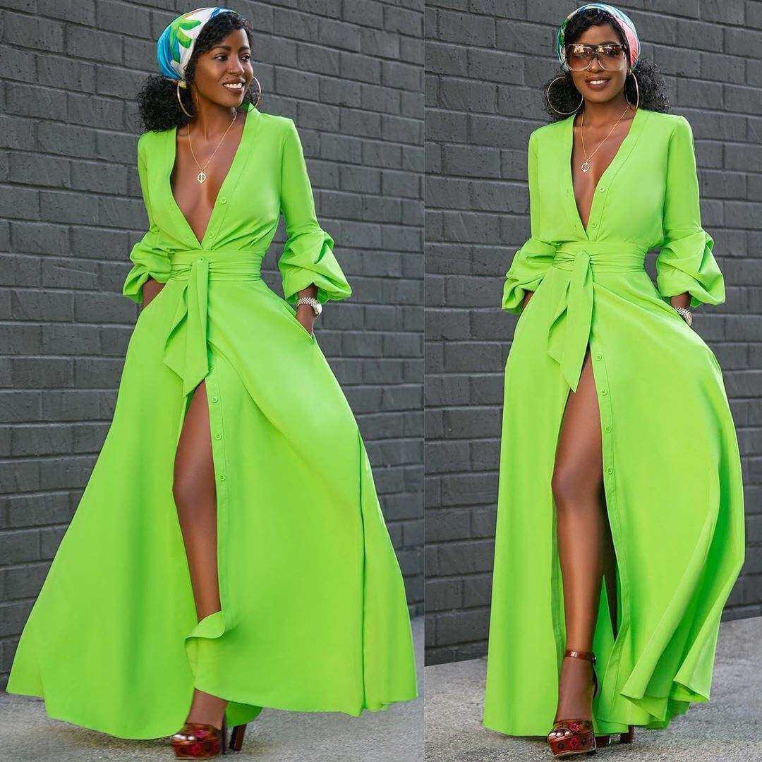 Summer sexy V-neck puff sleeve dress in fluorescent green with sashes and button details.