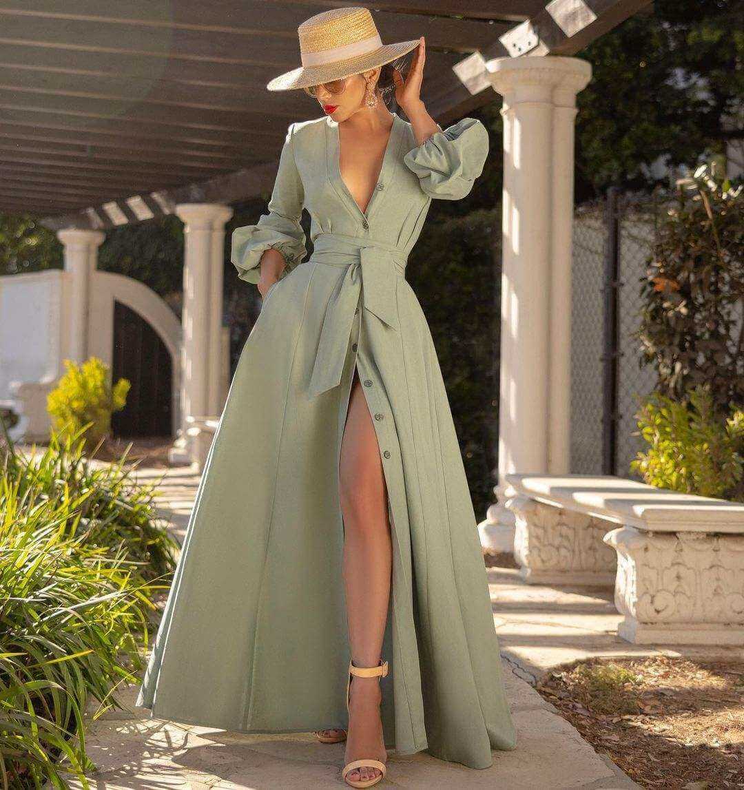 V-neck puff sleeve summer dress with sash in bean green, sexy style.