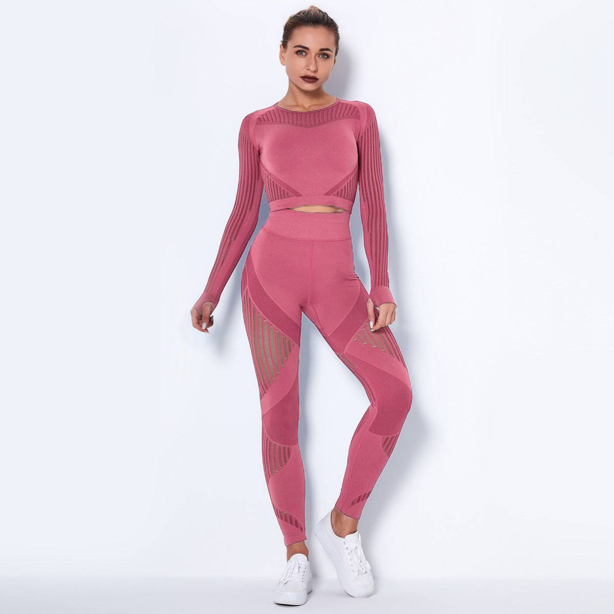 Seamless Knitted Absorbent Yoga Long-Sleeved Suit Yoga Wearsuit in pink with striped pattern, breathable fabric for all seasons, by Ethkafi.