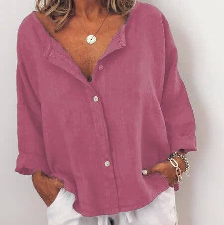 Ladies Shirt Linen Contrast Button Collarless Shirt