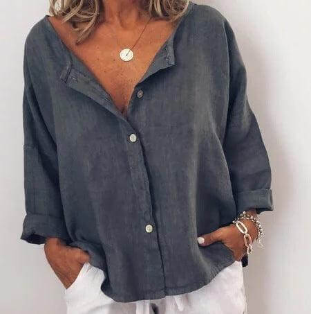 Ladies Shirt Linen Contrast Button Collarless Shirt