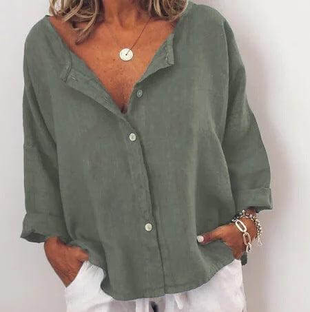 Ladies Shirt Linen Contrast Button Collarless Shirt