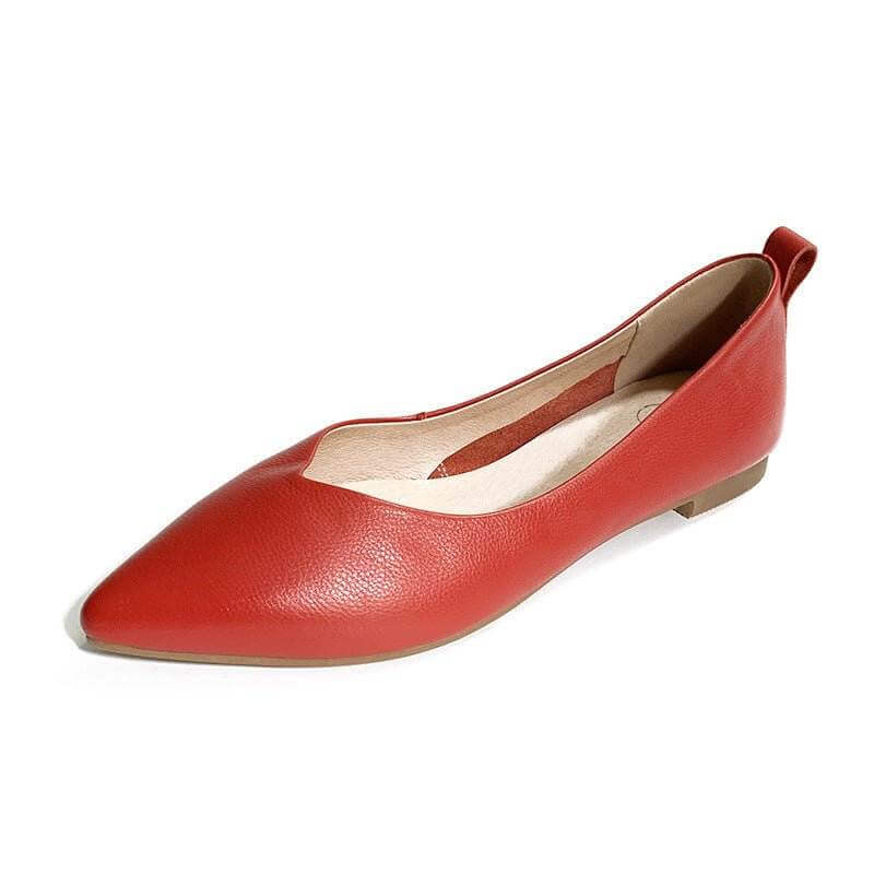 Ladies  pointed flat shoes with cowhide upper and pigskin inside, red color.