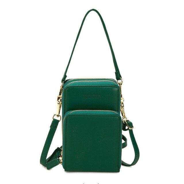 Mini crossbody shoulder bag with touchable cell phone pocket and card slots in green PU leather.