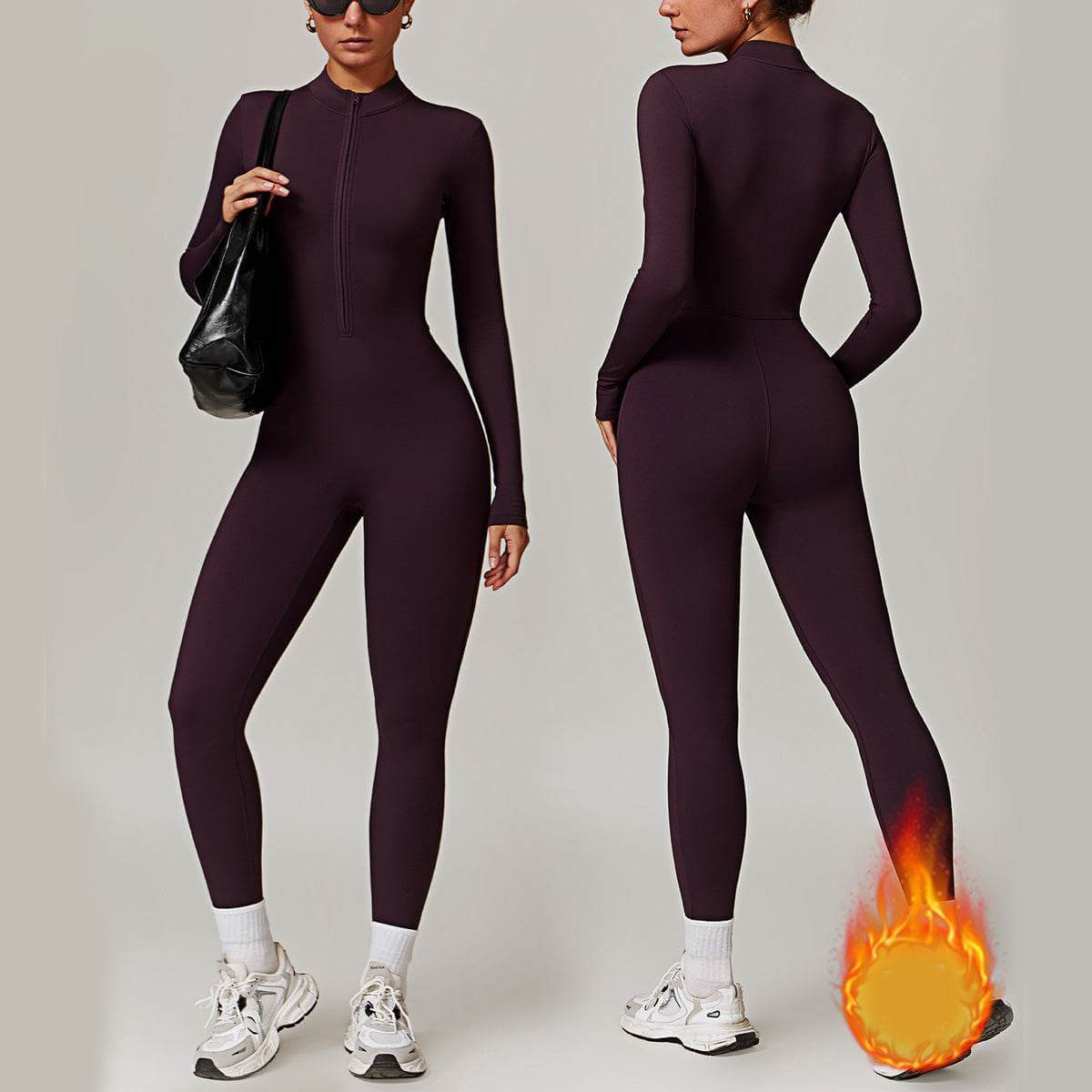 Women's warm zipper long-sleeved jumpsuit for yoga and fitness in grape purple.