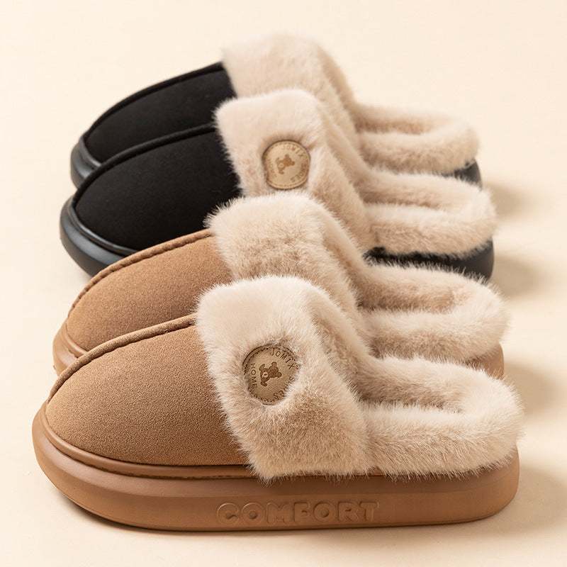 Plush winter slippers for women and men with thick soles and fleece lining in beige and black colors.