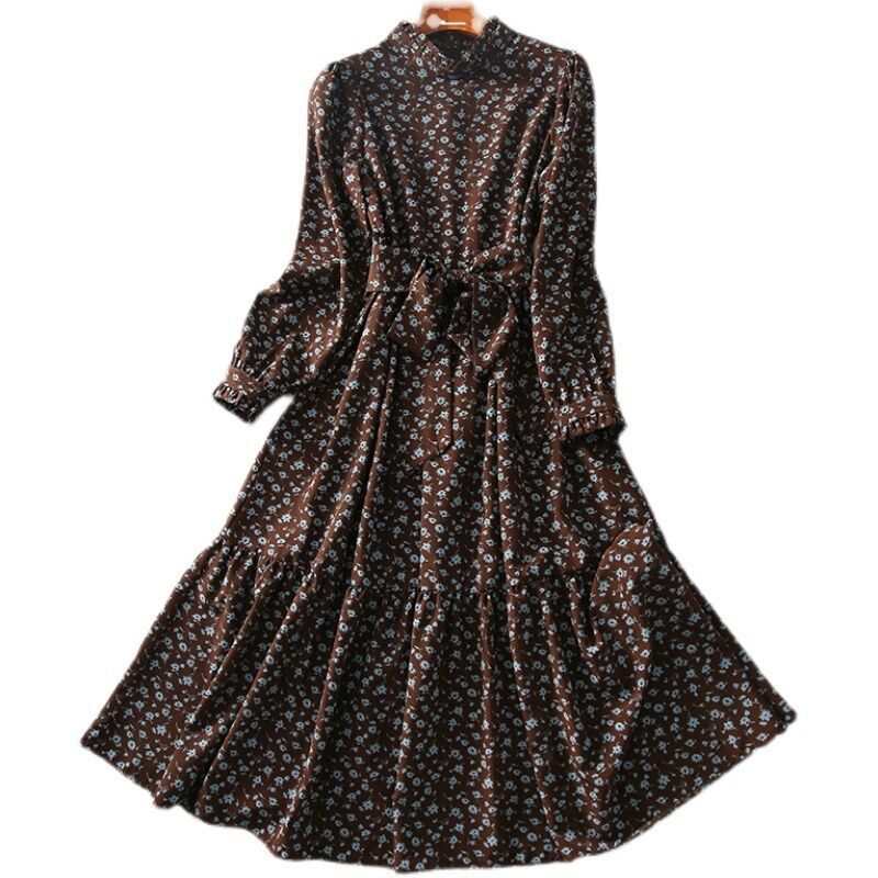 Western style long-sleeve print dress for women, mid waist, in picture color.