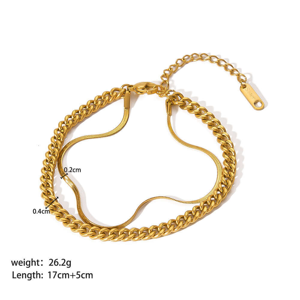 Stainless steel ornament bracelet for women with gold PVDP finish, geometric design, and ring elements.