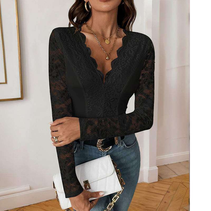 Women's long sleeve V-neck lace jumpsuit in black, featuring medium elastic and high-waist shorts.