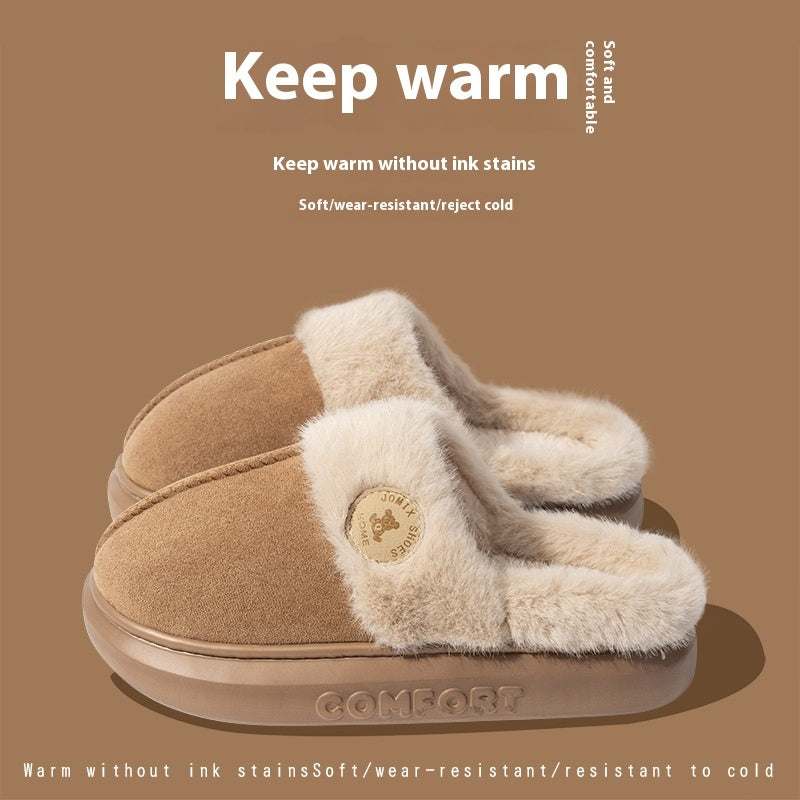 Warm tan fleece slippers with thick soles, emphasizing comfort and cold resistance.