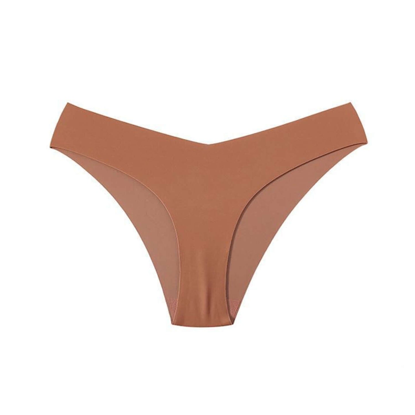 Women's V-shaped waistband seamless ice silk panties in brown, featuring non-marking, hip-lifting design.