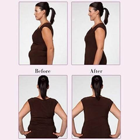 Before and after comparison in brown tank top showing body sculpting effect.