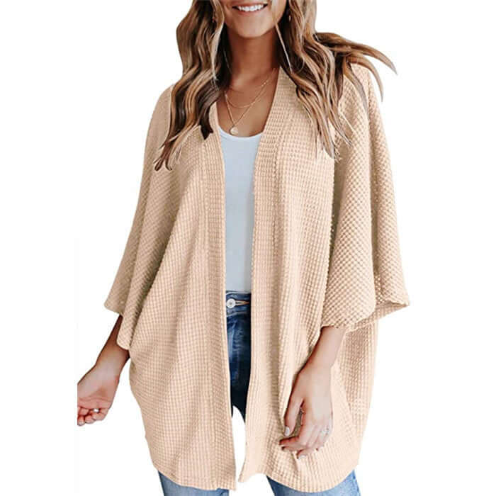 Bat Sleeve Waffle Gerson Women's Cardigan in apricot color with a loose fit and V-neck design.