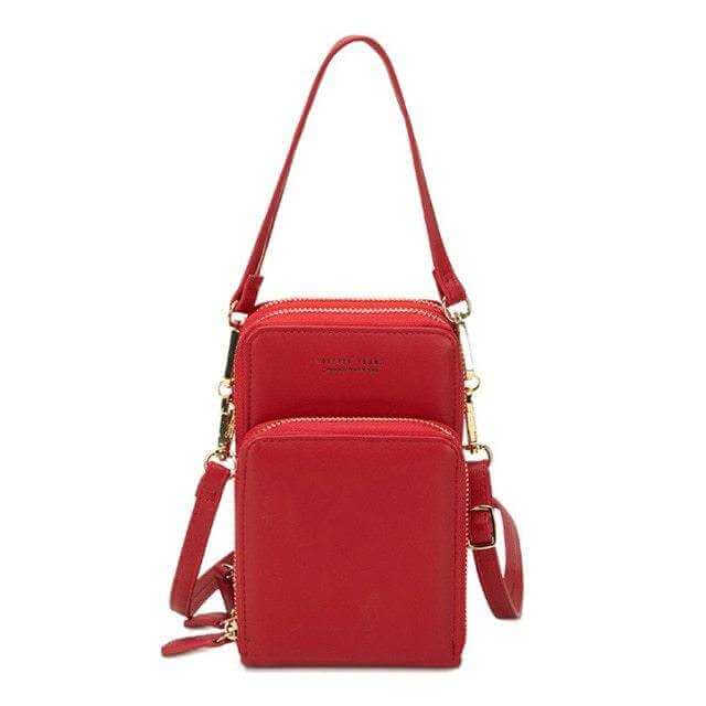 Red mini crossbody shoulder bag for women with touchable cell phone pocket and card slots, made from soft PU leather.